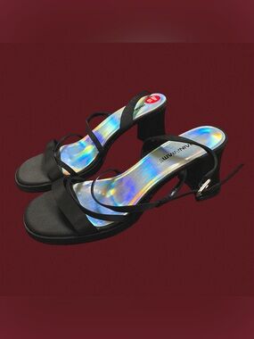 Black satin Y2K strappy sandals with a chunky heel